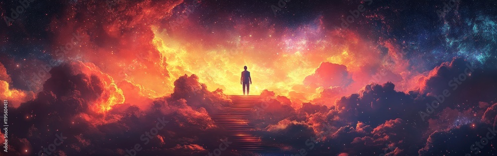 Fototapeta premium A surreal and vibrant illustration of a woman climbing a cosmic staircase, symbolizing enlightenment and a spiritual journey. Ideal for artistic posters, meditation content, and inspirational designs.