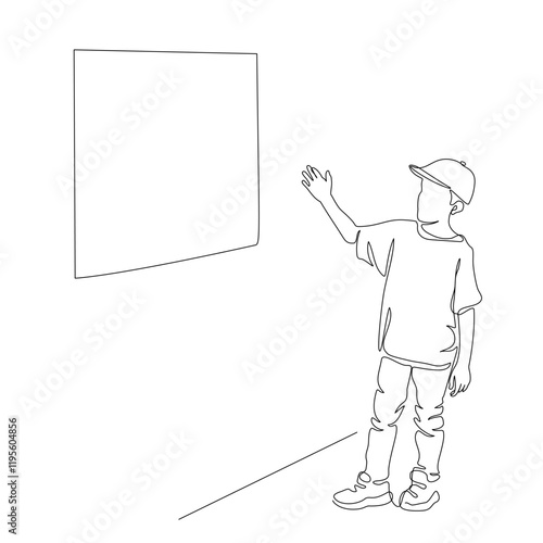Boy with hand up at art picture in gallery. Continuous line drawing. Black and white vector illustration in line art style.
