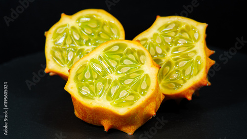 Kiwano Fruit or Horned Melon Exotic Fruits Close up. Fresh and Juicy African Horned Cucumber or Jelly Melon, Hedged Gourd Liana Exotic Fruits Background photo