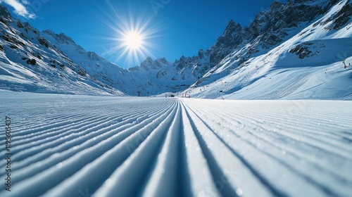 Pristine snow-covered ski slope with sunlit mountain backdrop.