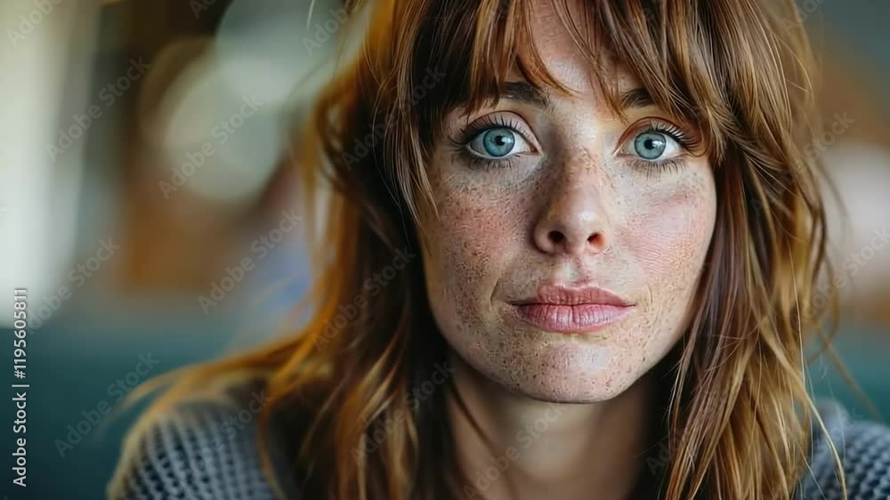 Woman with striking blue eyes and freckles gazes thoughtfully while sitting in a cozy interior space