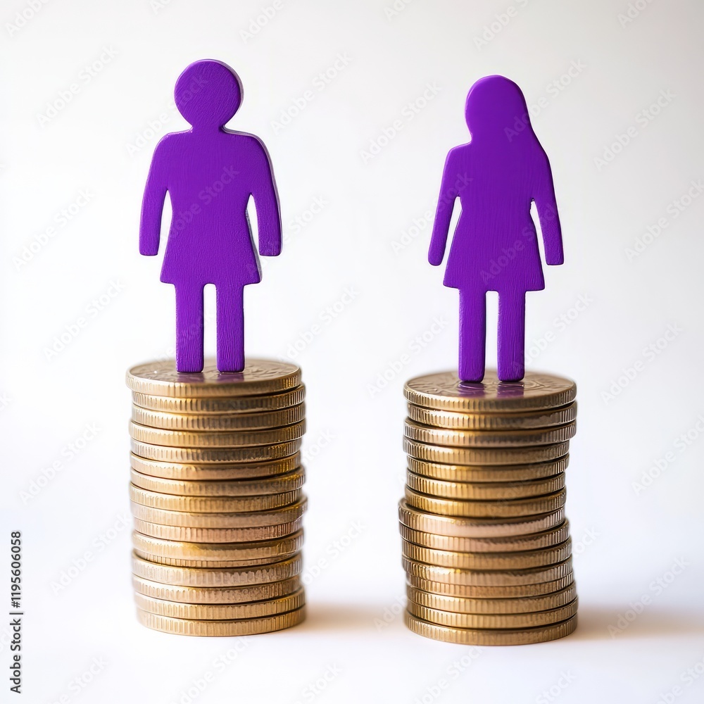 Representing gender equality, two purple figures stand proudly atop stacks of coins, symbolizing the ongoing conversation about wage disparity in modern society