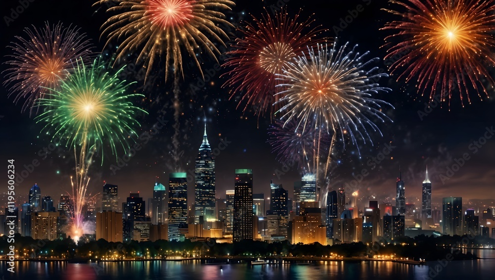 A celebratory image of fireworks over a city skyline, possibly for a holiday. A celebratory image of fireworks over a city skyline, possibly for a holiday.