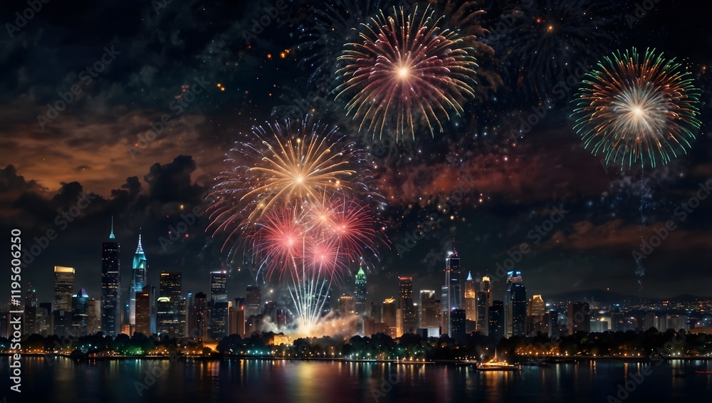 A nighttime cityscape is illuminated with a burst of bright fireworks. The scene captures an evening celebration with colorful, eye-catching patterns against a dark sky. A nighttime cityscape is illuminated with a burst of bright fireworks. The scene captures an evening celebration with colorful, eye-catching patterns against a dark sky.