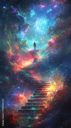 Wallpaper Mural A surreal and vibrant illustration of a woman climbing a cosmic staircase, symbolizing enlightenment and a spiritual journey. Ideal for artistic posters, meditation content, and inspirational designs. Torontodigital.ca