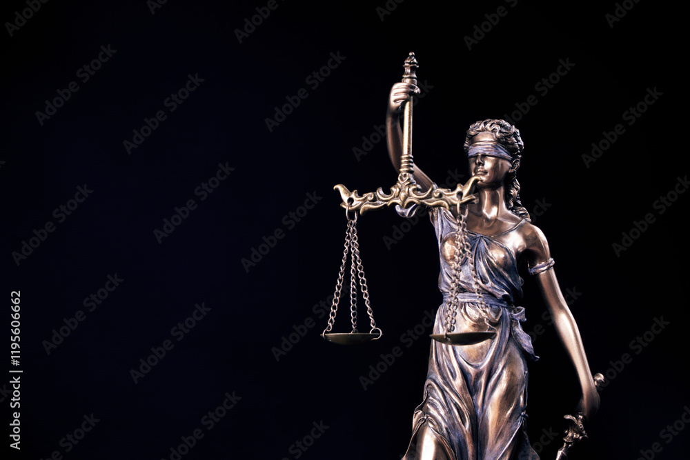 Statue of Themis Lady of Justice symbol on black background Statue of Themis Lady of Justice symbol on black background