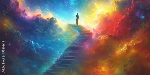 Wallpaper Mural A surreal and vibrant illustration of a woman climbing a cosmic staircase, symbolizing enlightenment and a spiritual journey. Ideal for artistic posters, meditation content, and inspirational designs. Torontodigital.ca