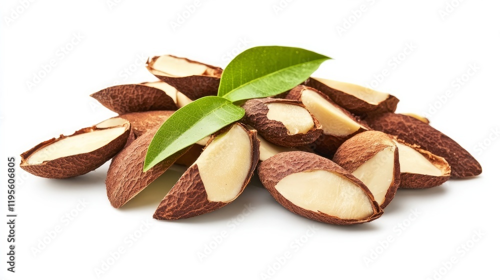 Fototapeta premium Brazil nuts with fresh green leaves on a white background