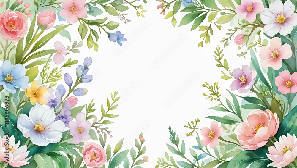 Fototapeta premium Delicate Floral Frame in Soft Pastel Watercolor Style