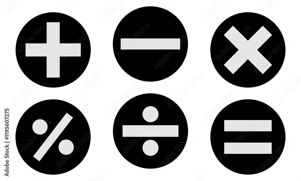Fototapeta premium mathematical icon. math calculations addition, division, subtraction, multiplication, plus minus button symbol set. mathematical calculator education vector. Vector pictogram. symbols icon set, eps10