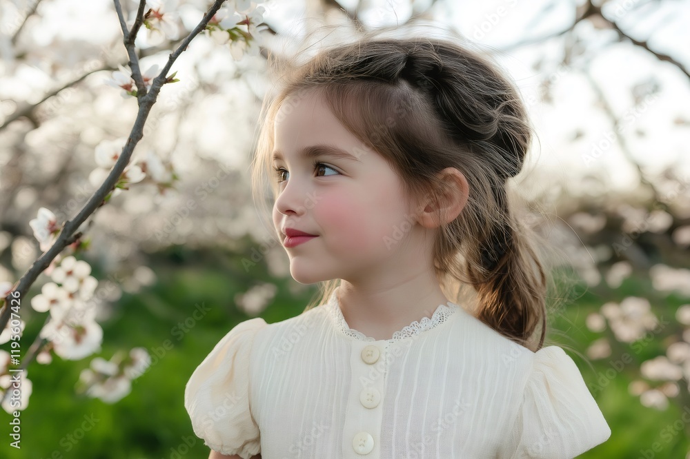 Portrait of a smiling little girl standing near a blossoming tree in a field, enjoying the arrival of spring Portrait of a smiling little girl standing near a blossoming tree in a field, enjoying the arrival of spring