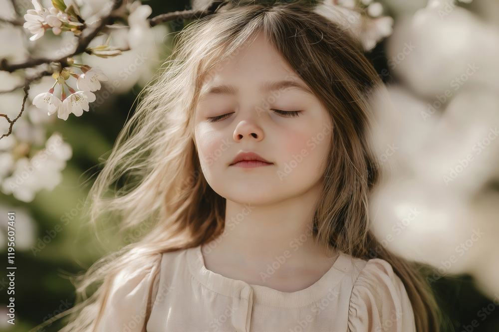 Portrait of a serene young girl with closed eyes, enjoying the tranquility of nature under a blooming cherry tree in spring