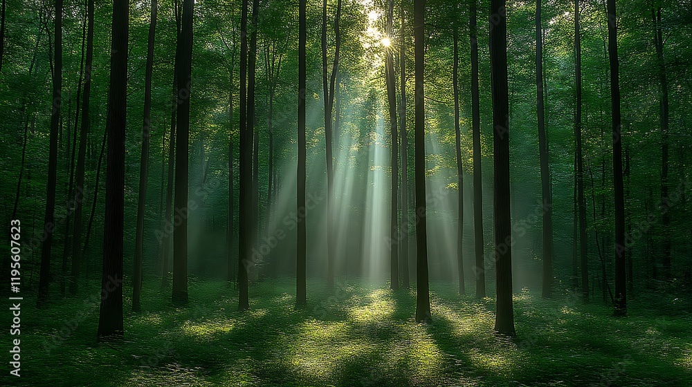 Sunlit Forest: Mystical Rays Illuminate Serene Green Woods Sunlit Forest: Mystical Rays Illuminate Serene Green Woods