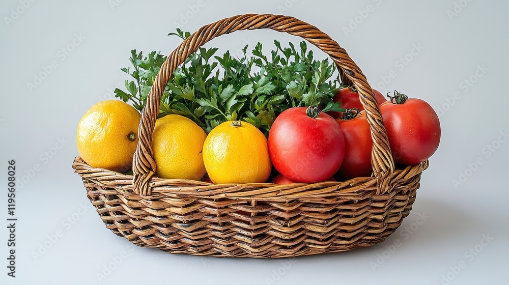Wicker basket filled with lemons, tomatoes, and parsley. Wicker basket filled with lemons, tomatoes, and parsley.