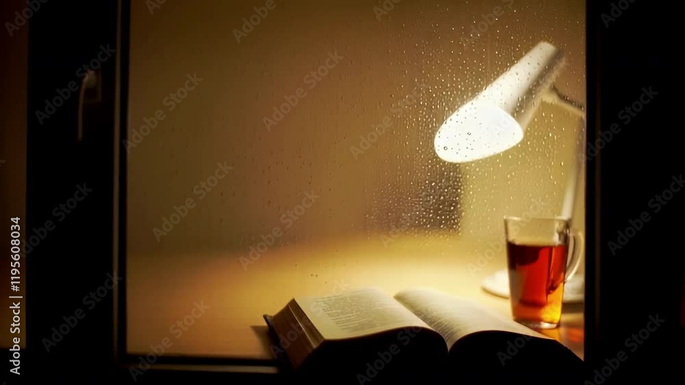 rainy window, cozy study desk, warm lights rainy window, cozy study desk, warm lights