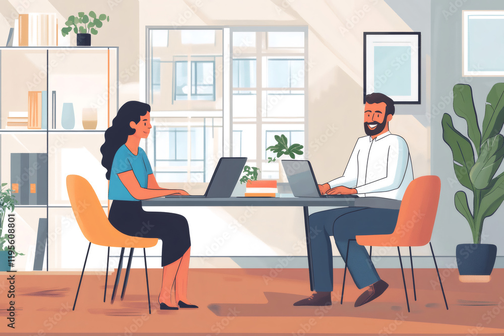 Business colleagues collaborating on laptops in a bright, plant filled office, enjoying a productive and positive work environment Business colleagues collaborating on laptops in a bright, plant filled office, enjoying a productive and positive work environment