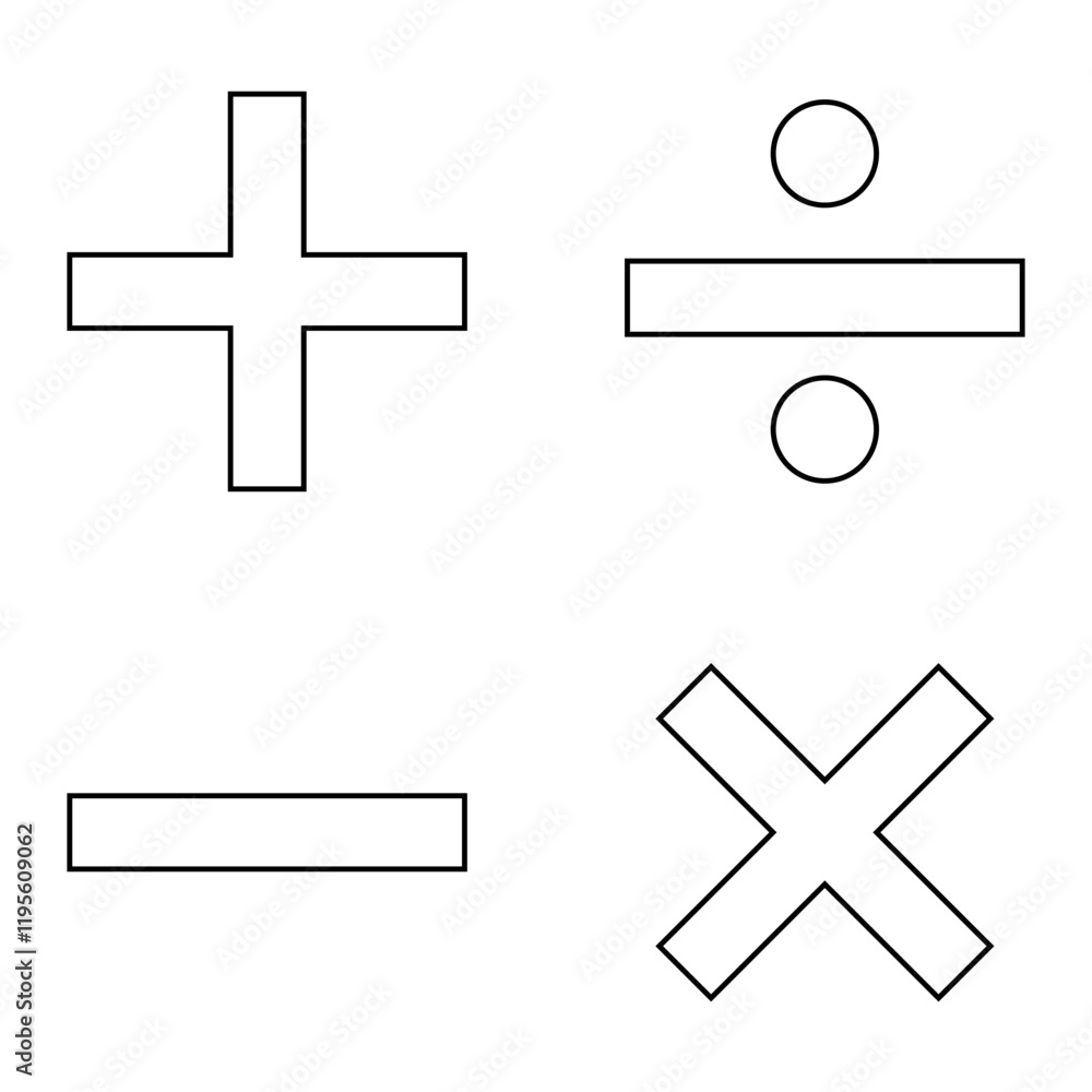 Obraz premium Math symbols icon set. Basic mathematical symbol. Plus and minus icon set. Multiply icon. Equals symbol, division symbol, Calculator button, business finance concept in vector, eps10