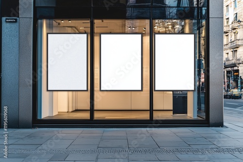Modern store entrance with blank white posters and street view.
