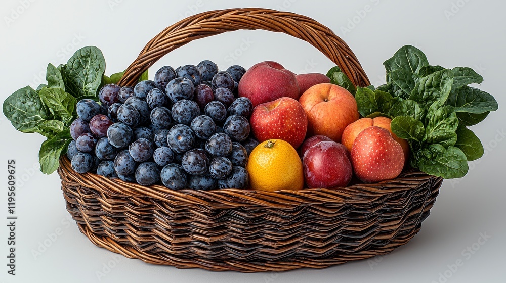 Wicker basket overflowing with ripe red apples, nectarines, plums, and grapes, garnished with fresh spinach leaves. Wicker basket overflowing with ripe red apples, nectarines, plums, and grapes, garnished with fresh spinach leaves.