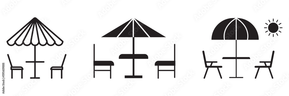 A variety of different colored umbrellas and tables, showing terrace icon, terrace icon in filled and outlined styles, terrace cafe icon, cafe seating icon