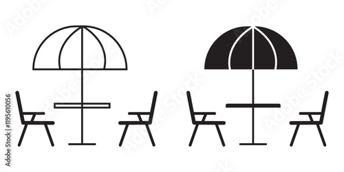 A variety of different colored umbrellas and tables, showing terrace icon, terrace icon in filled and outlined styles, terrace cafe icon, cafe seating icon