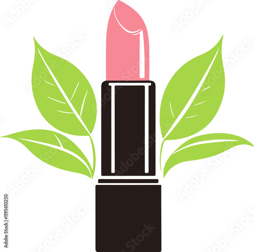 Vector illustration of pink lipstick with green leaves. Flat colors. Eco-friendly cosmetics product design, concept