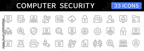 Computer and Cyber security thin line icons set. Editable stroke. Vector