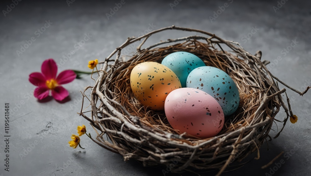 Obraz premium Nest with beautiful Easter eggs and flowers on grey background
