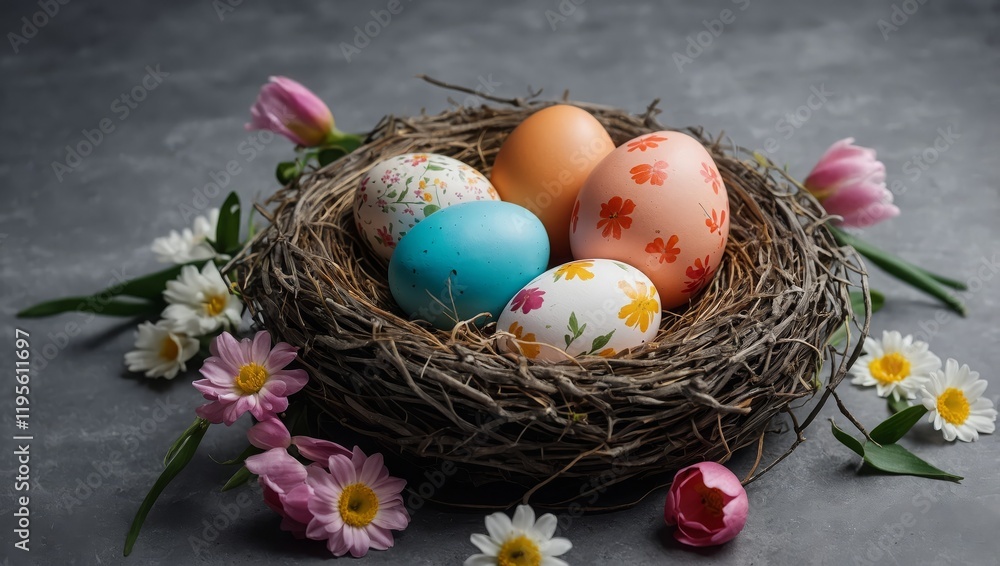 Fototapeta premium Nest with beautiful Easter eggs and flowers on grey background