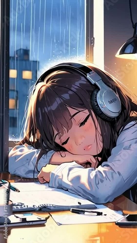 lofi anime girl, lofi anime, lofi, anime girl sleeping and raining outside, rainy, 4K resolution, peaceful, plant, night, sound, music, 4K Lofi Japanese Anime-style background animation video