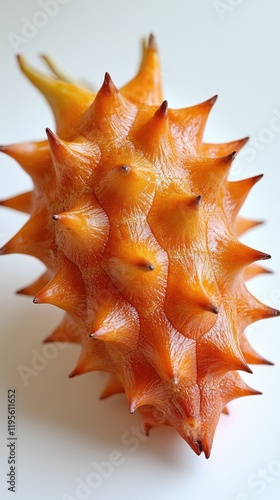 Close-Up of Exotic Spiky Kiwano Melon Against White Background photo