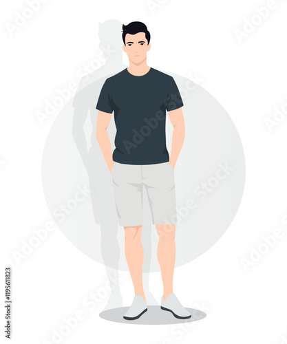 Vector illustration. A man in a dark T-shirt and light colored shorts. The background is made in a gray color scheme with a circular element.