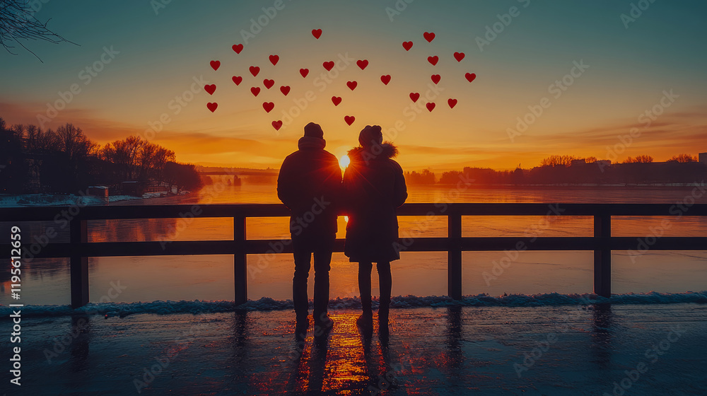 Fototapeta premium Romantic Couple Silhouetted Against a Sunset Over a Frozen River with Hearts