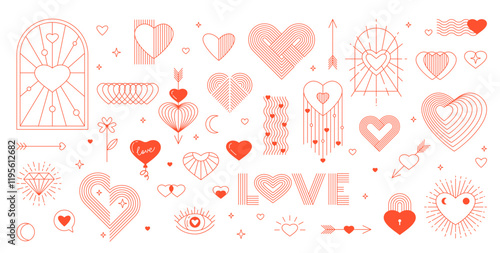 Valentine day line boho icons of hearts and love holiday symbols, vector set. Valentine day boho symbols in thin line art, hearts with window and cupid arrow or flower with moon and star ornaments