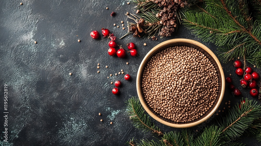 Fototapeta premium A bowl of raw buckwheat placed on a bed of scattered grains