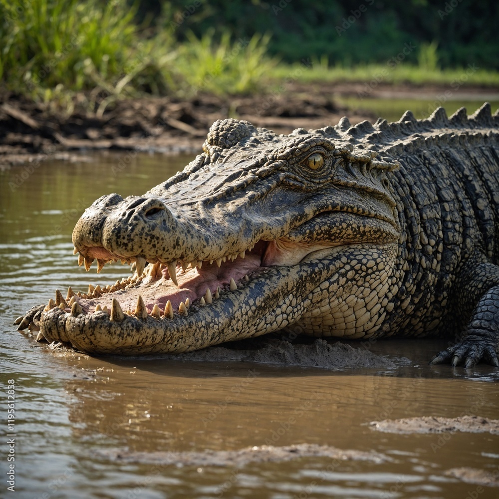 Obraz premium crocodile in the water. A crocodile resting on a riverbank with sparkling water behind. Crocodile group on the farm.
