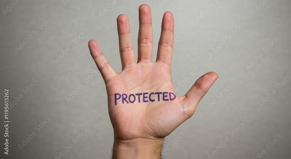 Empowered Safety - Open Hand with 'PROTECTED' Text on Neutral Background. security-related advertisements, and educational materials on personal safety and protection. Empowered Safety - Open Hand with 'PROTECTED' Text on Neutral Background. security-related advertisements, and educational materials on personal safety and protection.