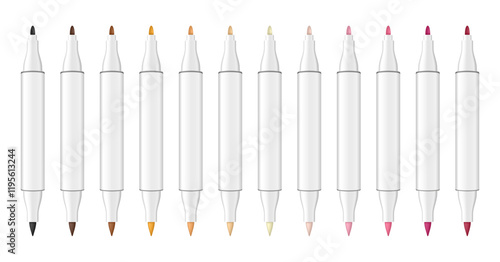 Set of multicolored dual tip markers. Pastel palette. Coloring or sketching supplies. Water-based or alcohol marker pen. Brush tip