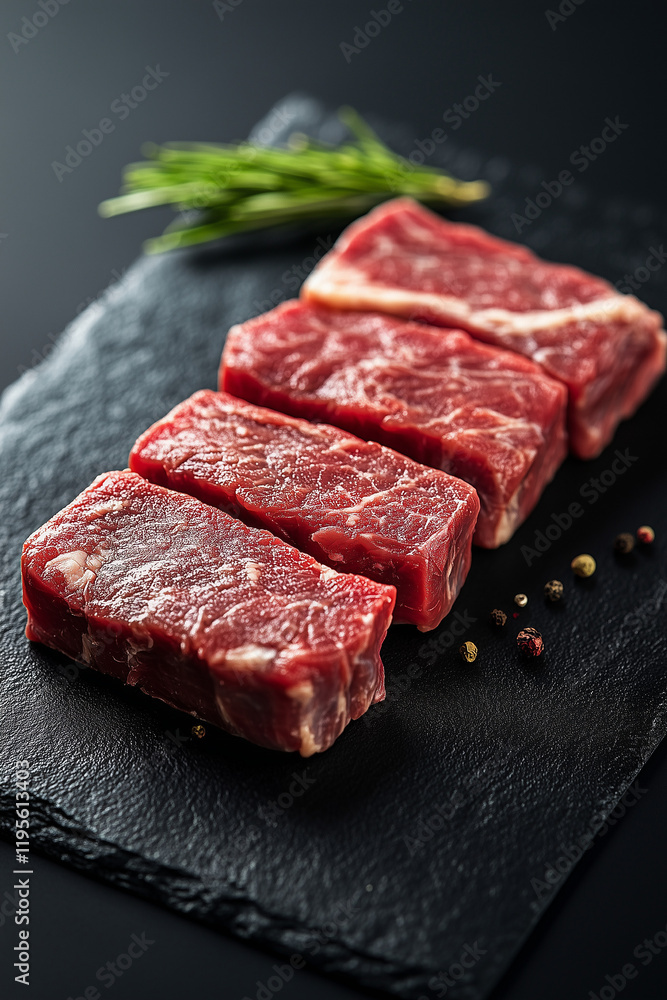 Fototapeta premium Close-Up of Lamb Tenderloin Fresh Meat on Black Stone Background