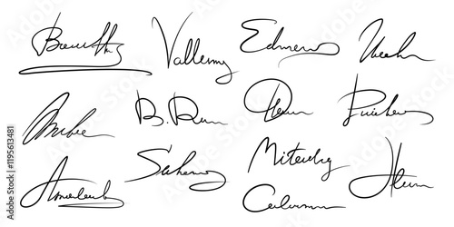Business signature and autograph pack set of handwritten facsimile, isolated vector. Business signatures set with Name or Surname letters, personal autograph handwriting and facsimile fake examples