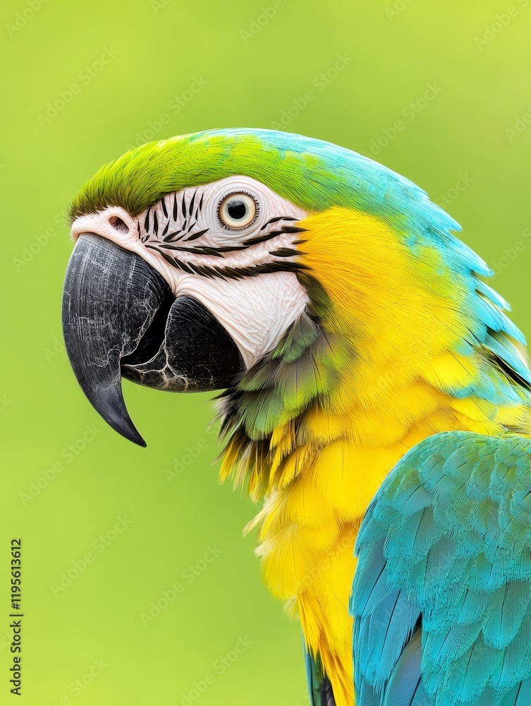 Fototapeta premium Blue Gold Macaw Portrait - Close-up profile of a vibrant blue and gold macaw, showcasing its colorful plumage and distinctive beak against a soft green background.