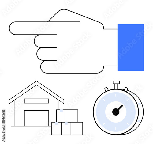 Hand pointing to warehouse and stopwatch symbolizing fast delivery, inventory control, and supply chain. Ideal for logistics, efficiency, operations, deadlines, transportation, warehouse abstract