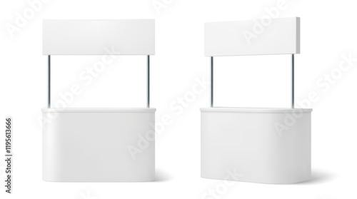 Advertising booth stand mockup for showcasing promotional material in commercial events or exhibitions. Realistic 3d vector cabins, angle and front view, blank surfaces ready for branding or marketing