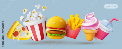 French fries, ice cream, burger, pizza, pop corn and cola. Vector illustration of realistic set of fast food icon. 3d style design of fast food with fries, ice cream, pop corn, pizza and soda