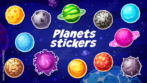 Alien space fantasy planets stickers pack. Fantastic galaxy green, pink and blue planets, alien words with cracked, stone and icy surface, craters, stone spikes isolated vector stickers or patches set