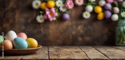 Wooden table with easter or spring theme blurred background , eggs and colorful flowers with copy space photo