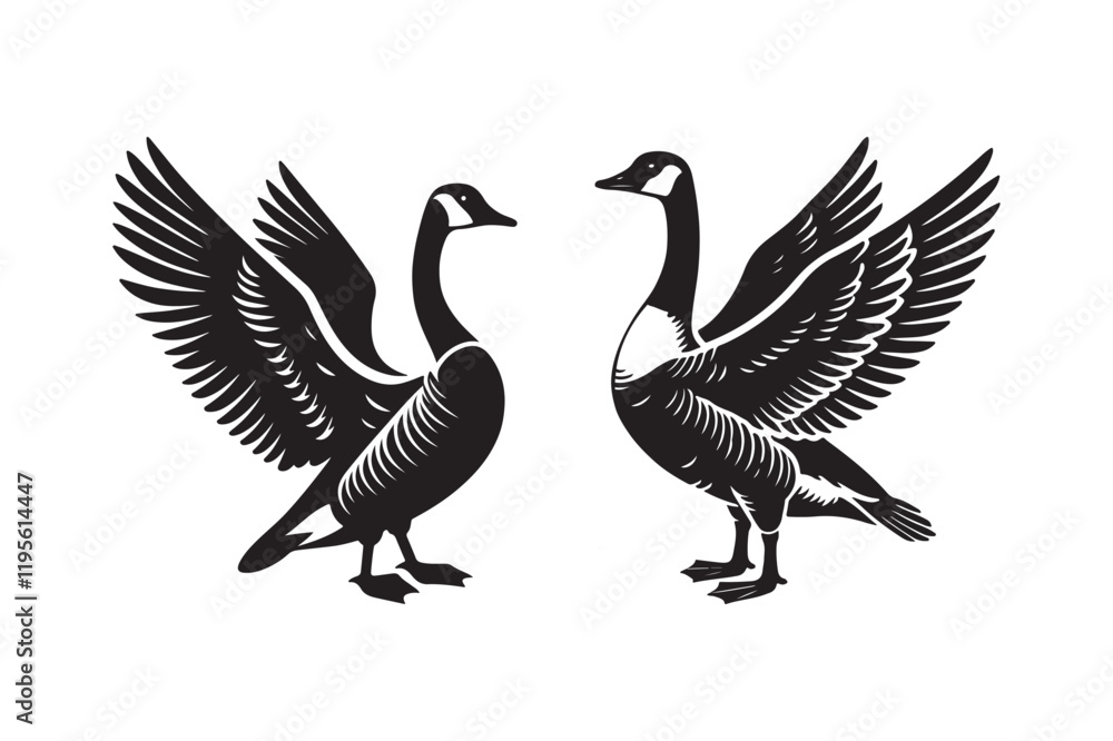 Fototapeta premium Elegant Black Silhouette of Two Geese with Wings Spread