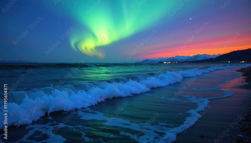 Naklejka premium Aurora Waves on Icy Shoreline