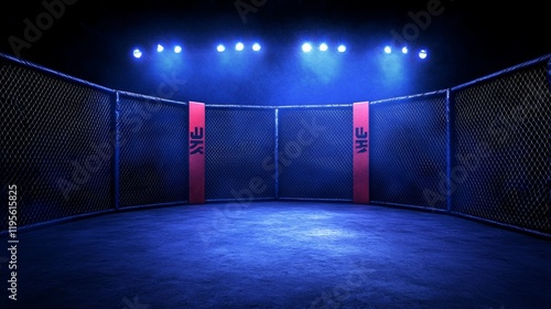 Empty Octagon Fighting Cage - An empty octagon fighting cage under blue stage lights, ready for a match. Dark and moody atmosphere. photo