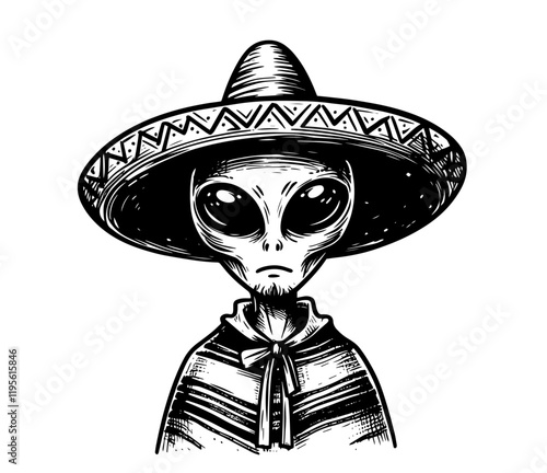 alien in sombrero and poncho in black hand-drawn engraving style